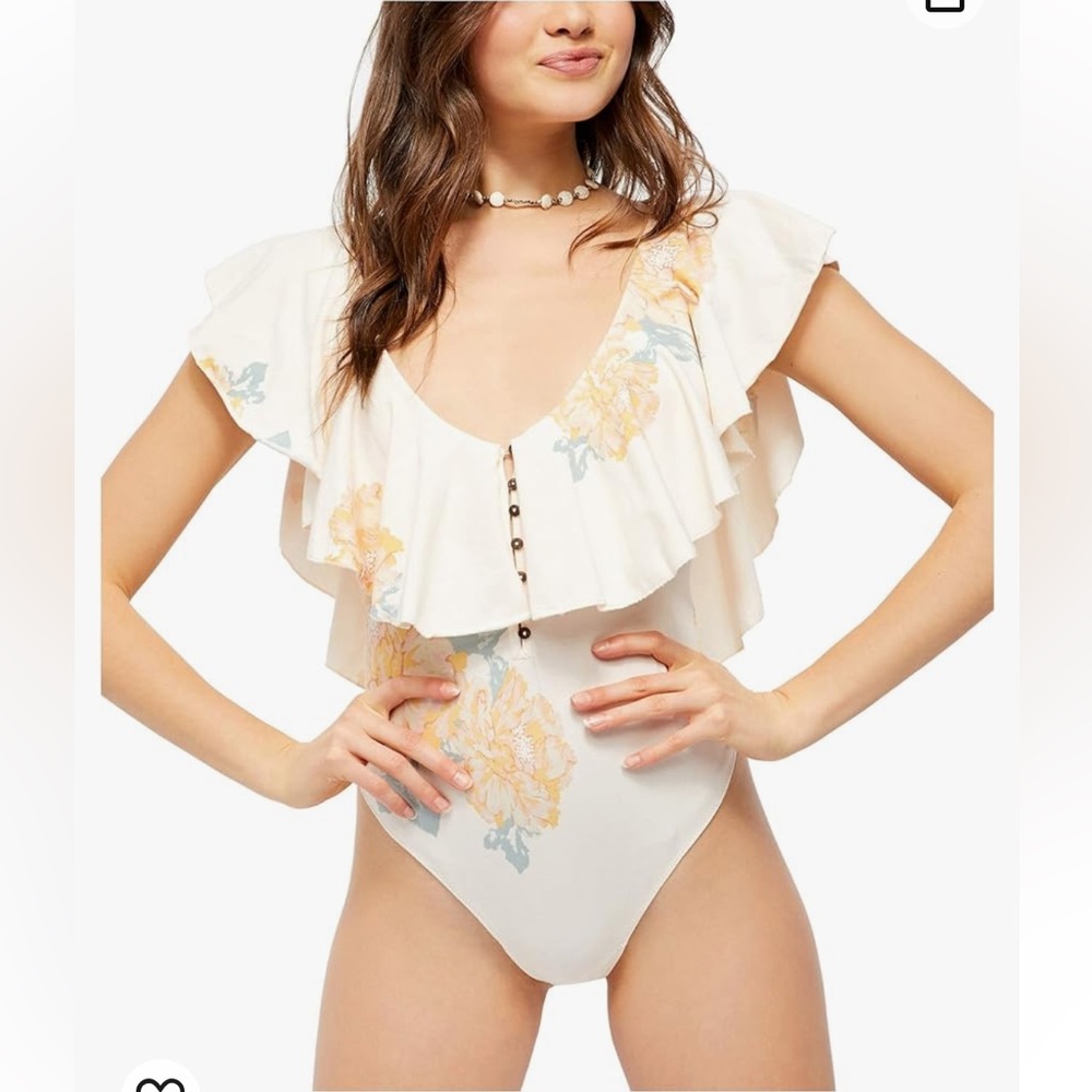 Free People Cream Floral Ruffle Bodysuit
